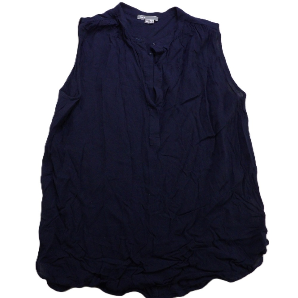 Vince Women 12 Navy Blue Rayon Sleeveless SL Henley Tank Top Blouse Casual Shirt